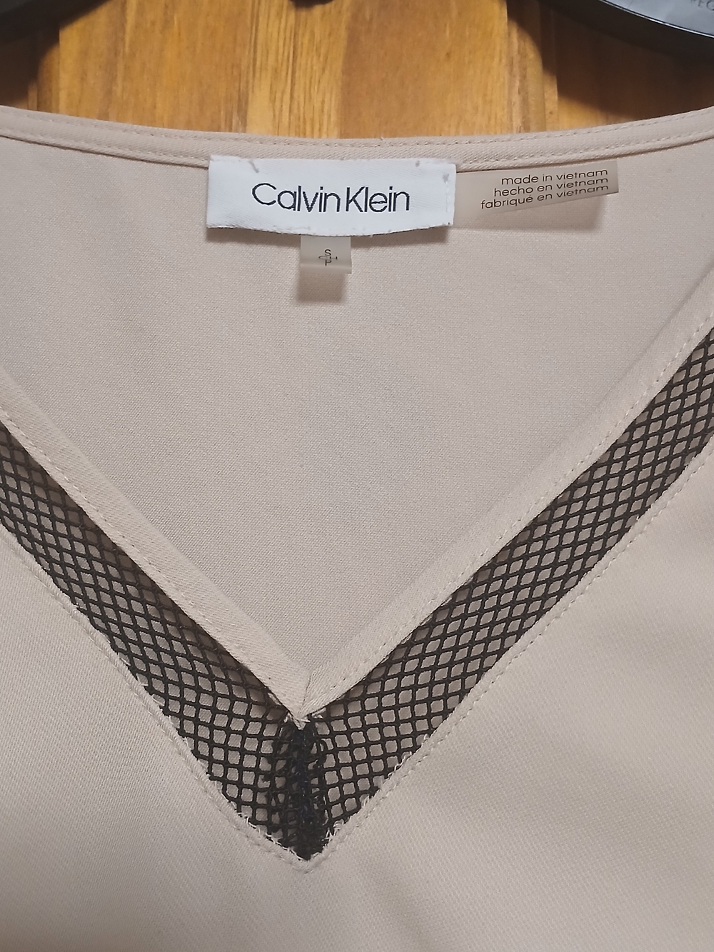 Calvin Klein Blush V-Neck Blouse with Black Mesh Trim